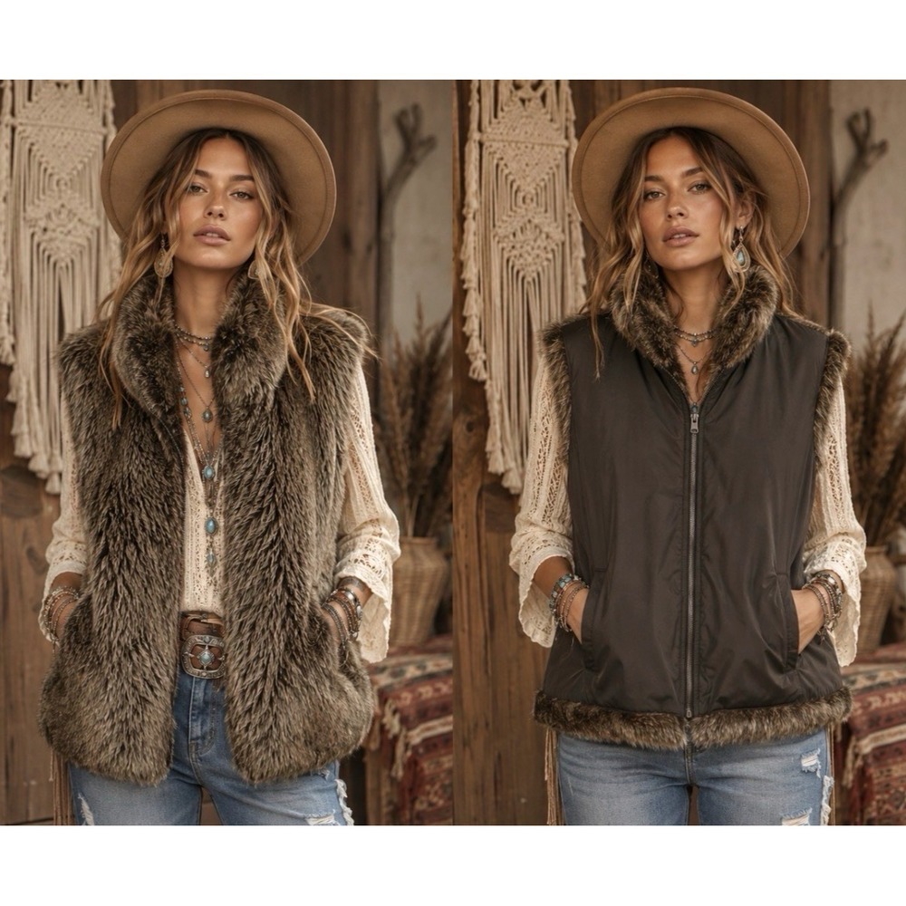 Vintage Blassport Womens Reversible‎ Faux Fur Vest Size L Boho Hippie Western